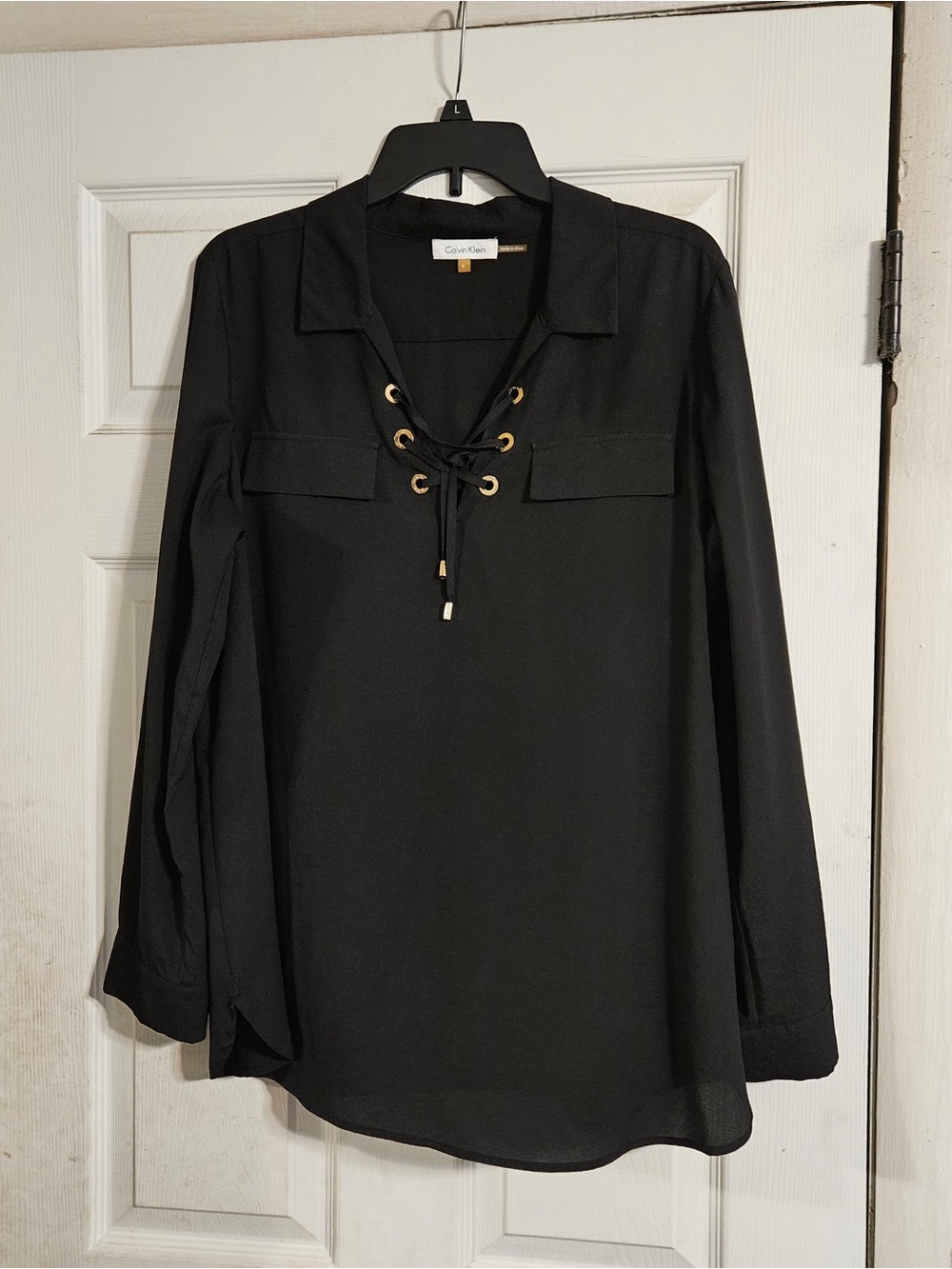 Calvin Klein Black Lace-Up Long Sleeve Tunic with Gold Eyelets Size XL